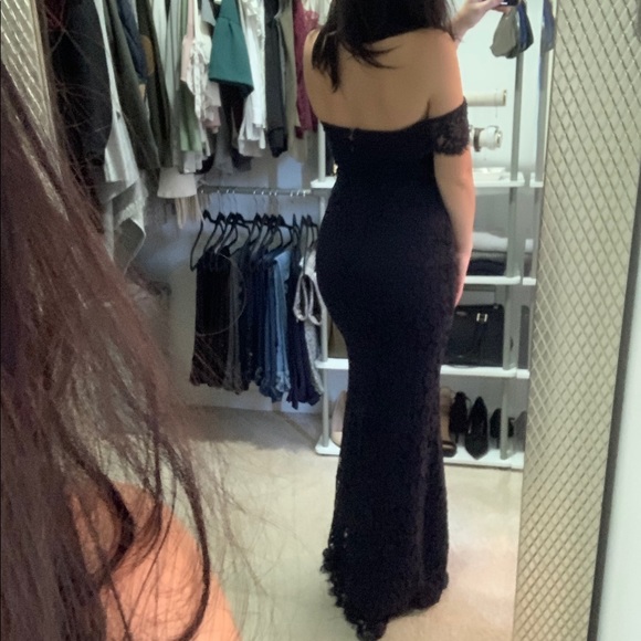 Lulu’s Off-Shoulder Classy Navy Blue Lace Gown - Picture 3 of 5